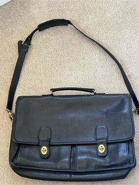 Coach Black Leather Briefcase with Gold Hardware and Detachable Strap